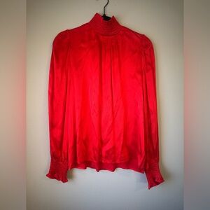FRNCH Vibrant Red Smoked Neck NWT Romantic Long Sleeved Blouse